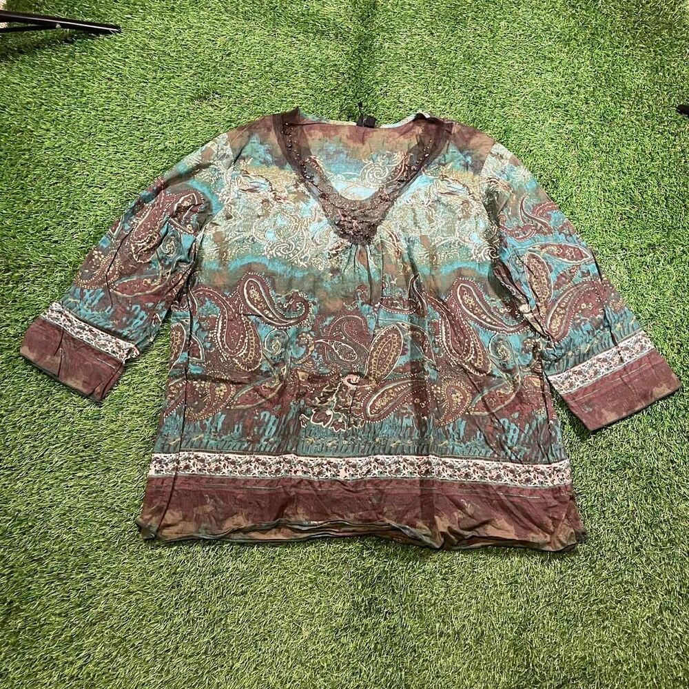 Molly Maxi boho style blue and brown paisley blouse with lace beaded trim XL